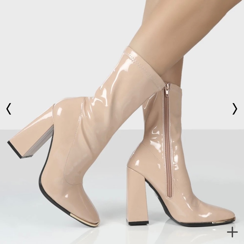 PUBLIC DESIRE GOGO boots patent PU leather nude ankle high heeled